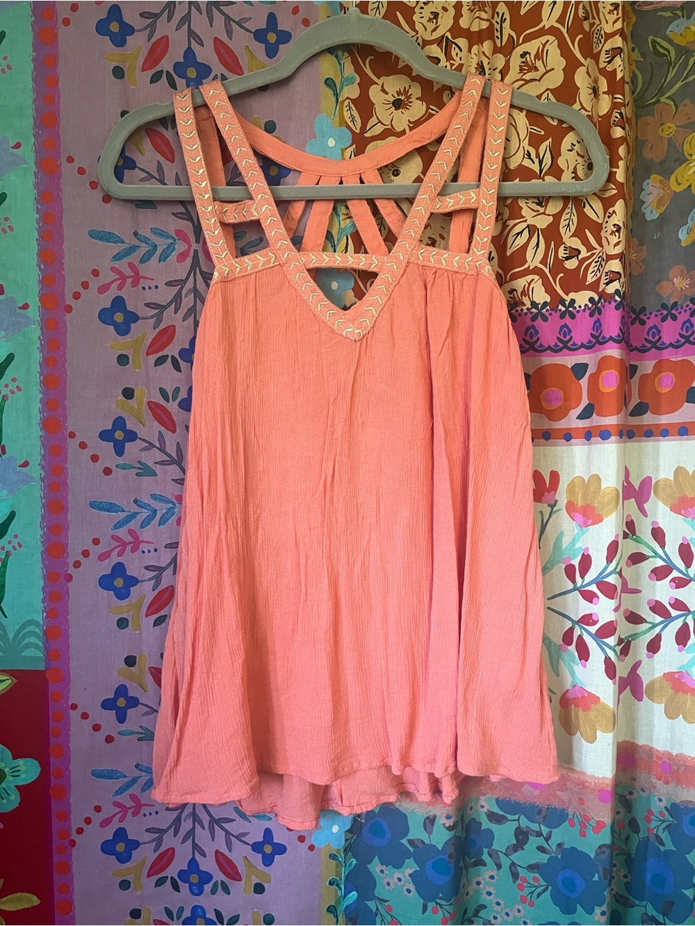 HAYDEN of LA Boho Coral Pink Rayon Embroidered-Strap Summer Tank Size Small